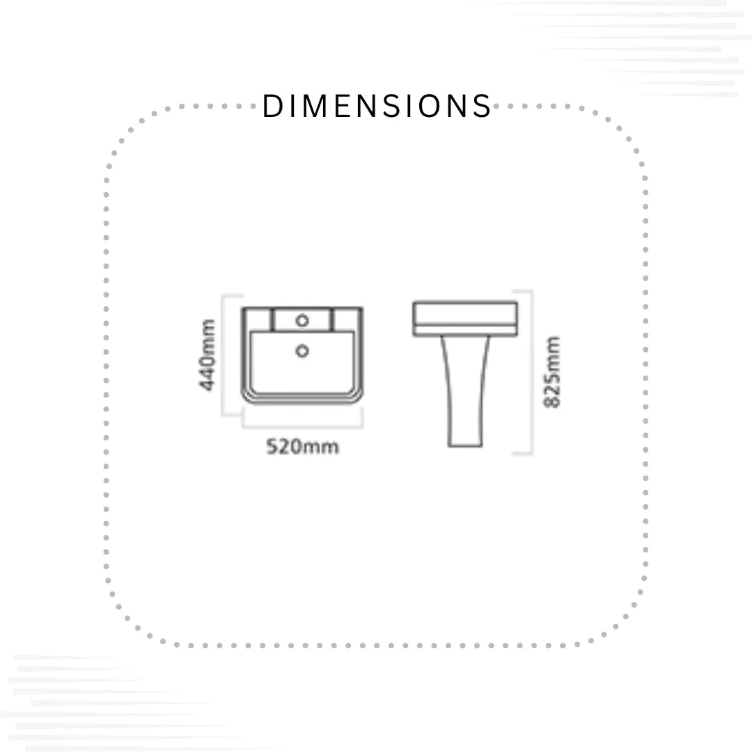 A dimension diagram showing two line drawings of a bathroom sink: a top-down view labeled 440mm by 520mm and a side profile labeled 825mm, under the heading DIMENSIONS on a white background.