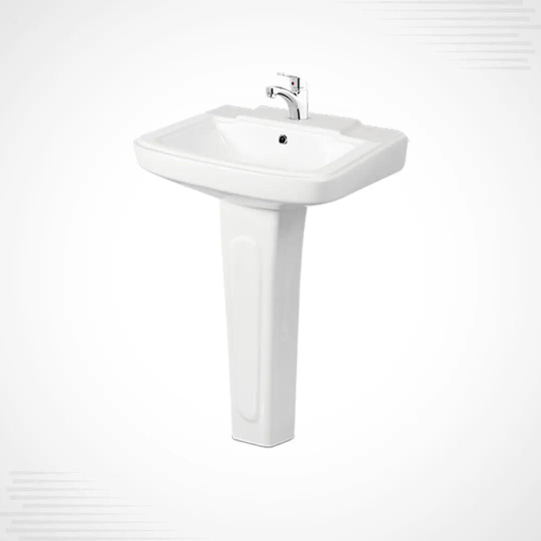 A white ceramic pedestal sink with a chrome faucet, shown against a light gray background with subtle corner stripes.