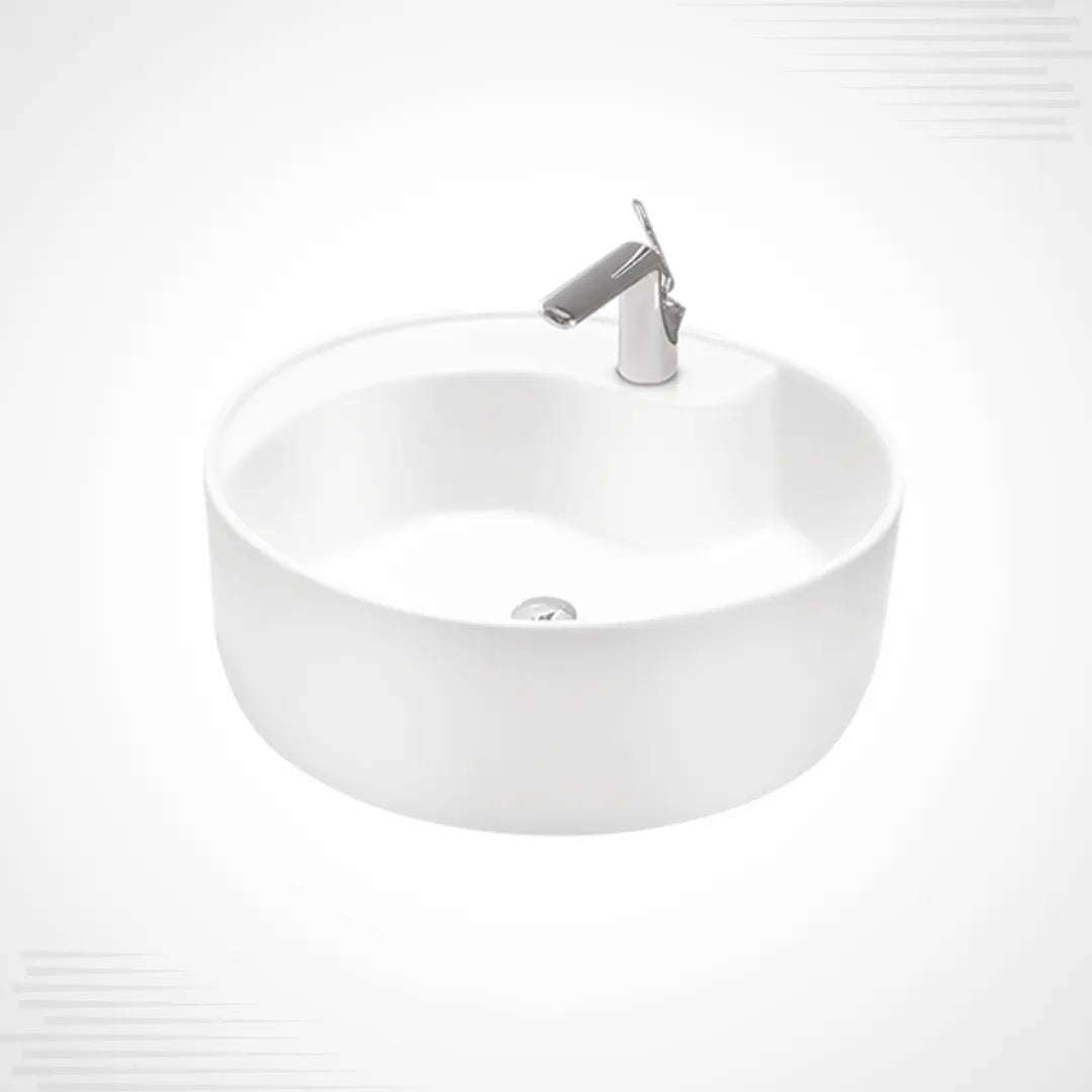 A white round vessel sink with a modern chrome faucet, shown from a high-angle perspective against a light gray background.