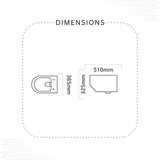 A simple dimension diagram on a white background showing a small toilet paper holder with measurements labeled 365mm wide by 325mm tall, plus a second view labeled 510mm wide. The word DIMENSIONS appears at the top.