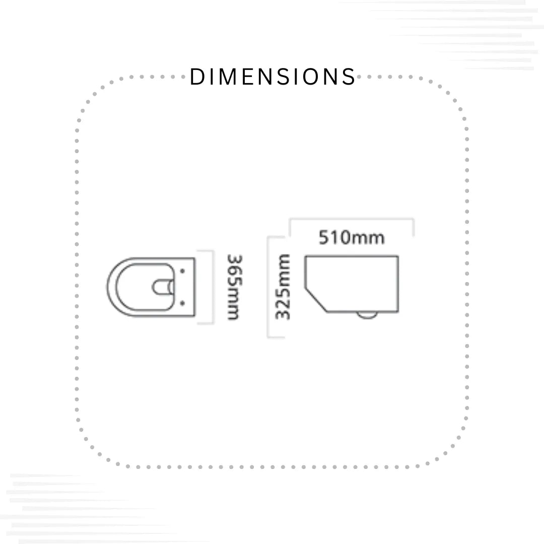 A simple dimension diagram on a white background showing a small toilet paper holder with measurements labeled 365mm wide by 325mm tall, plus a second view labeled 510mm wide. The word DIMENSIONS appears at the top.