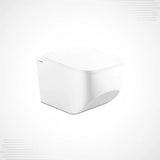 A modern white wall-mounted toilet with a closed lid, shown from a three-quarters perspective on a light gray background.