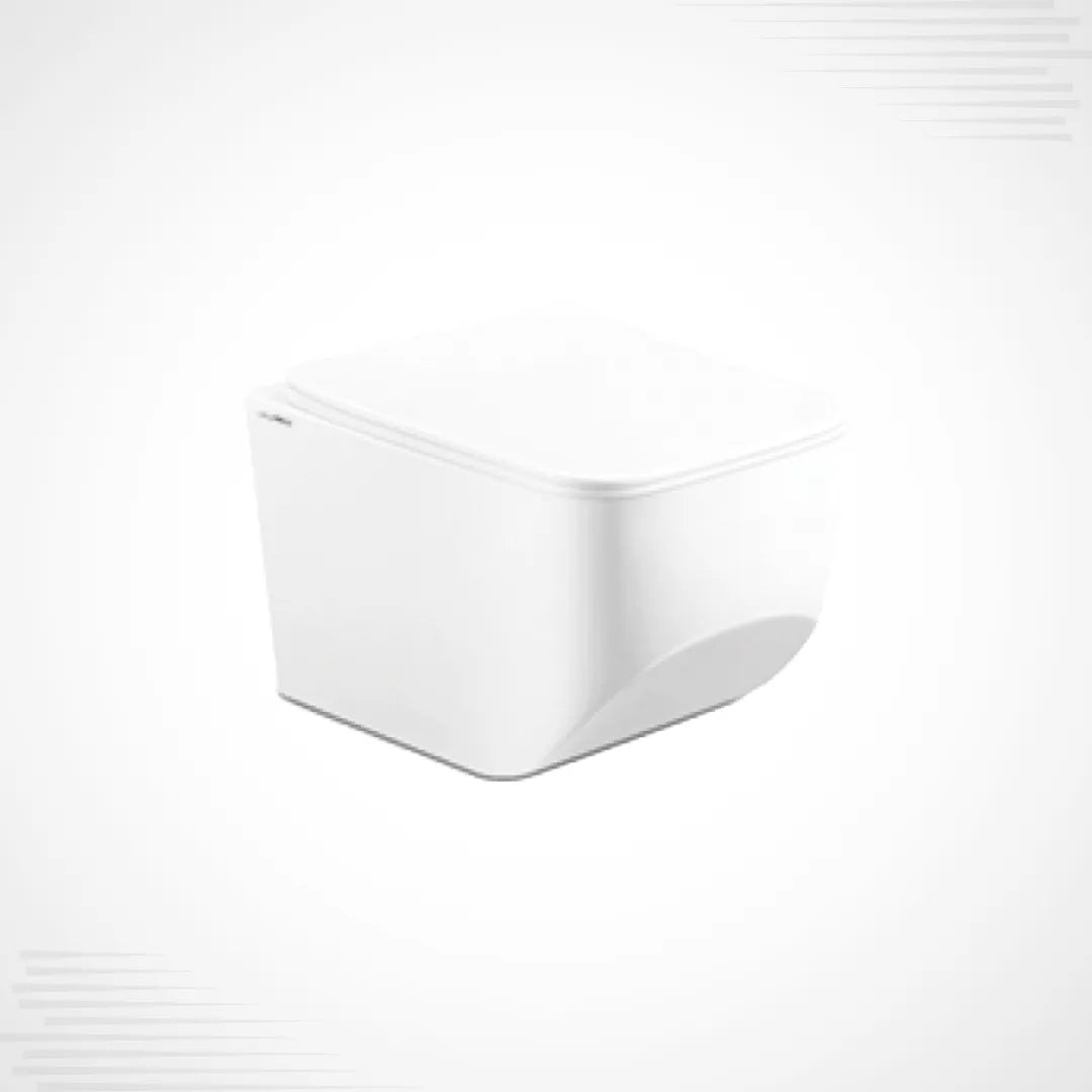 A modern white wall-mounted toilet with a closed lid, shown from a three-quarters perspective on a light gray background.
