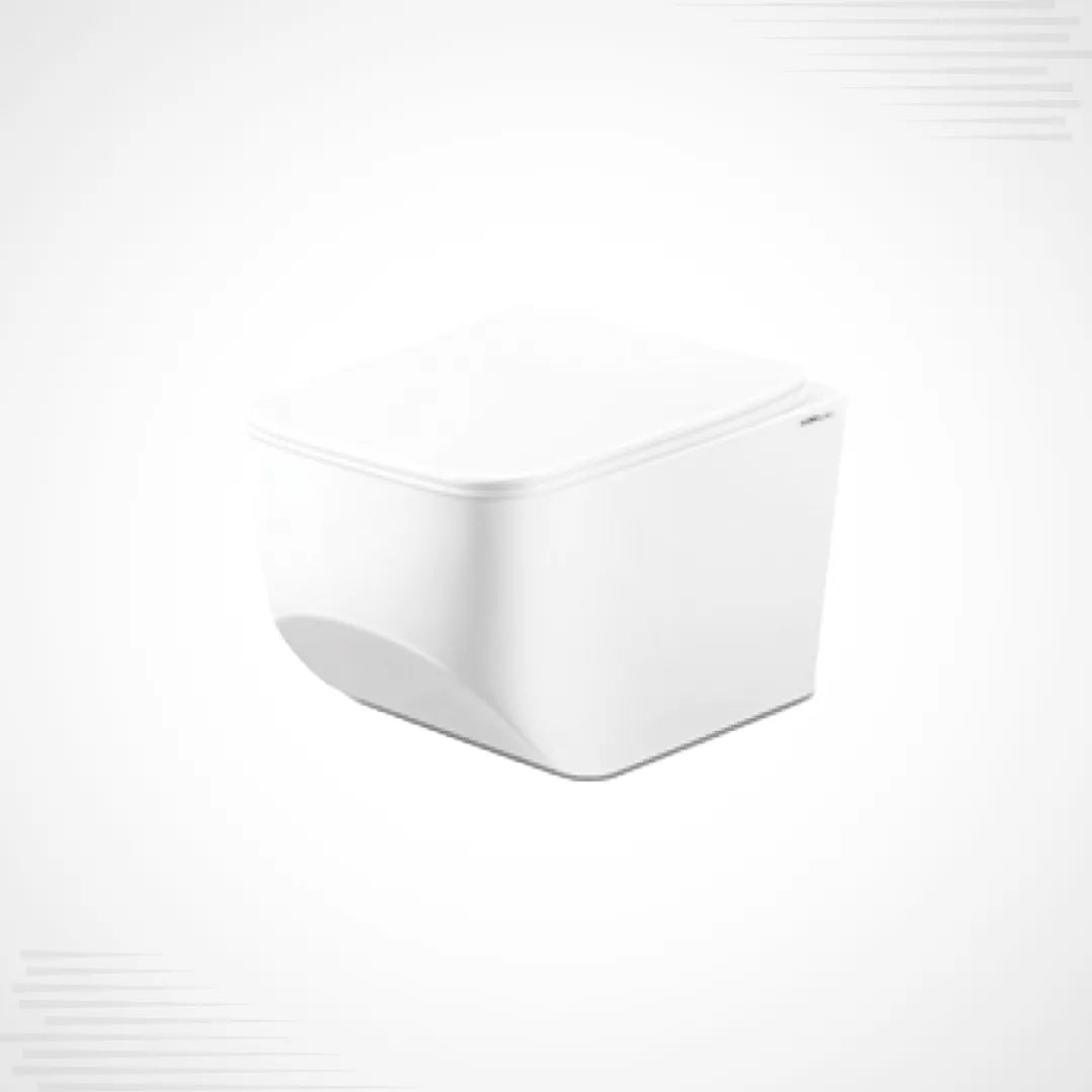 A white wall-mounted toilet with a closed lid, shown from a three-quarters angle on a light gray background.