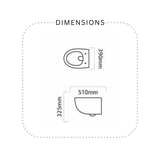 A simple black-and-white dimension diagram labeled DIMENSIONS, showing two line drawings of a toilet with measurements: 390mm width on top, 510mm width below, and 325mm height on the left.