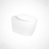 A modern wall-mounted toilet with a white ceramic body and a matching closed seat, shown on a clean white background with subtle light gray corner accents.