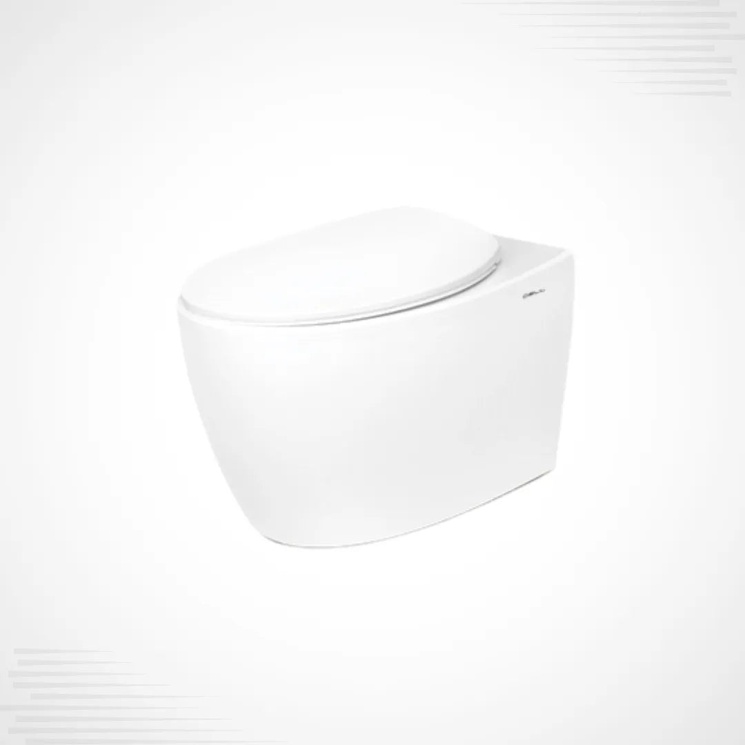 A white wall-mounted toilet with a closed lid, shown at a three-quarter angle on a light gray background.