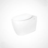 A white wall-mounted toilet with a closed lid, shown at a three-quarter angle on a light gray background.