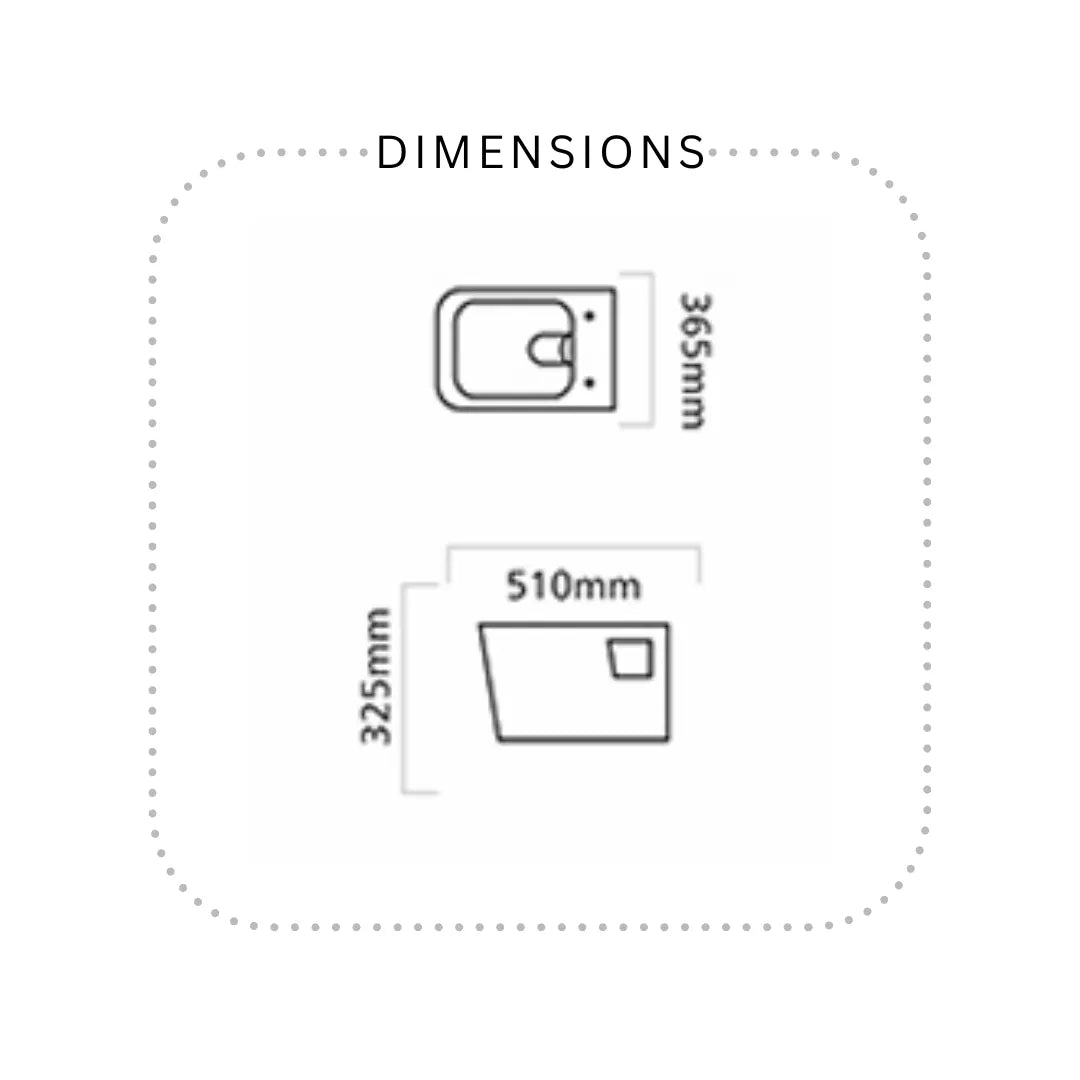 A simple black-and-white dimension diagram labeled DIMENSIONS, showing two line drawings of a toilet with measurements 365mm, 510mm, and 325mm around it.