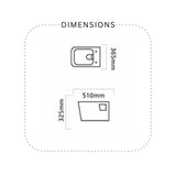 A simple black-and-white dimension diagram labeled DIMENSIONS, showing two line drawings of a toilet with measurements 365mm, 510mm, and 325mm around it.