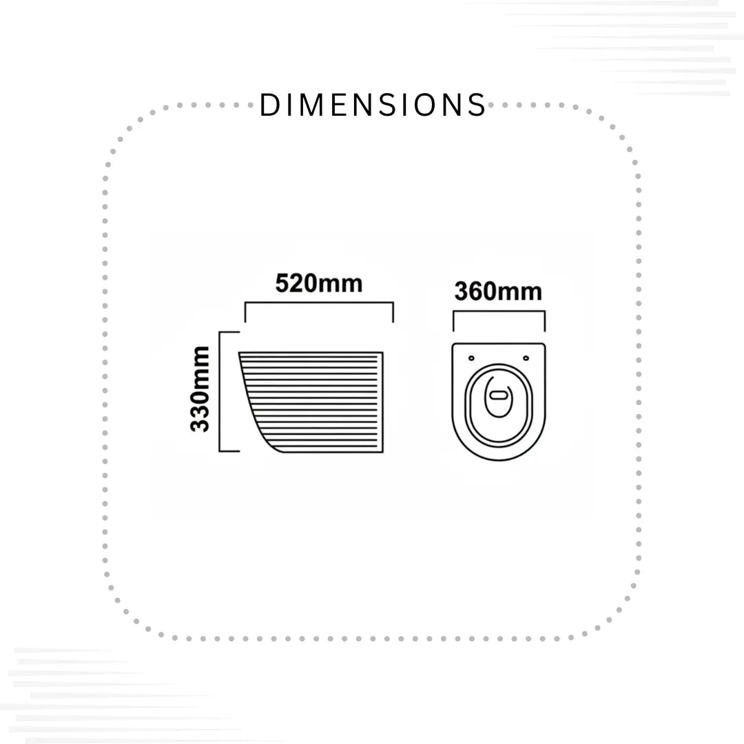 A dimension diagram showing two black line drawings with measurements: a slotted rectangular item labeled 520mm by 330mm, and a round item labeled 360mm, under the heading DIMENSIONS on a white background.