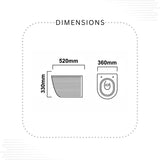 A dimension diagram showing two black line drawings with measurements: a slotted rectangular item labeled 520mm by 330mm, and a round item labeled 360mm, under the heading DIMENSIONS on a white background.