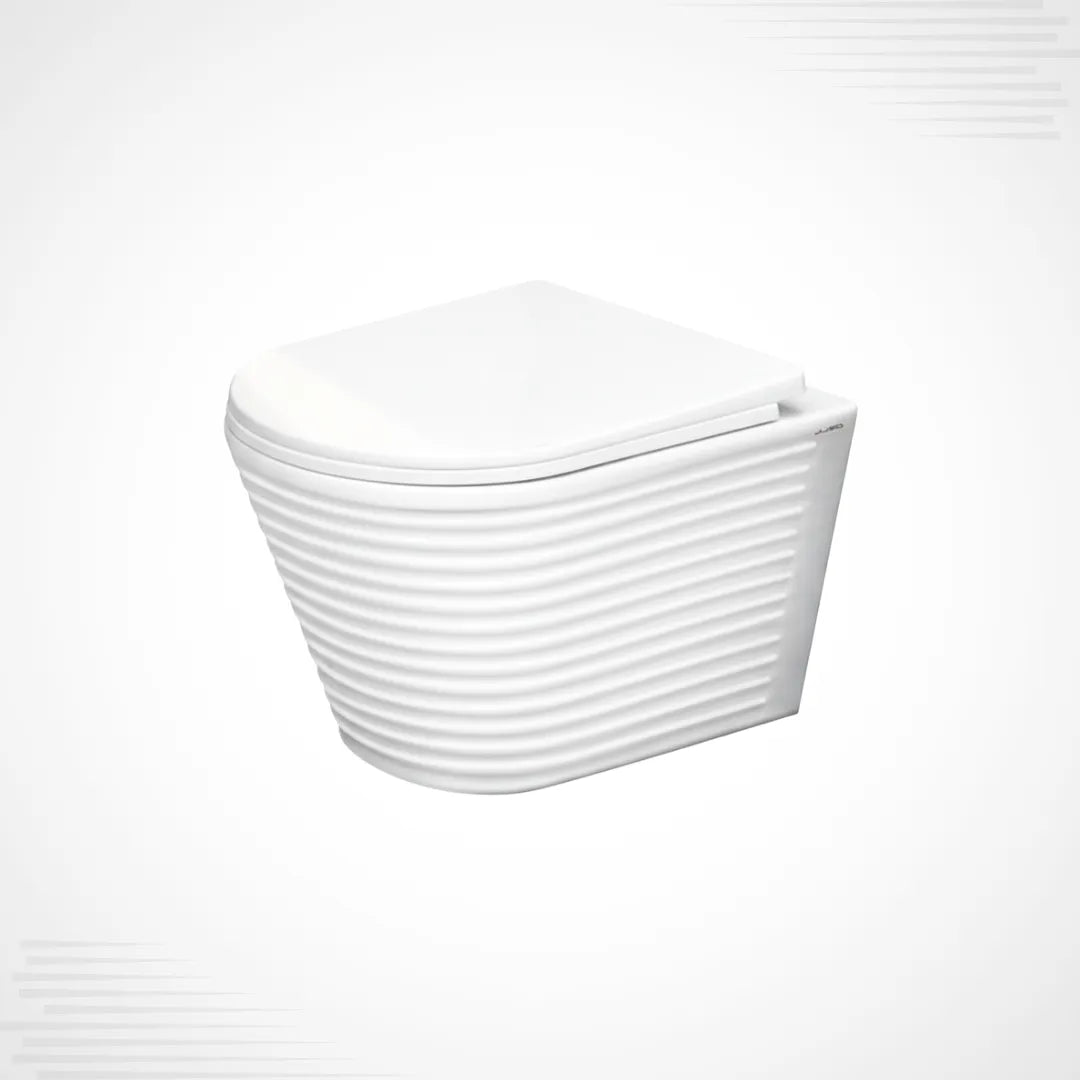 A modern wall-mounted toilet with a white ribbed ceramic body and a matching white lid, shown on a clean light gray background.