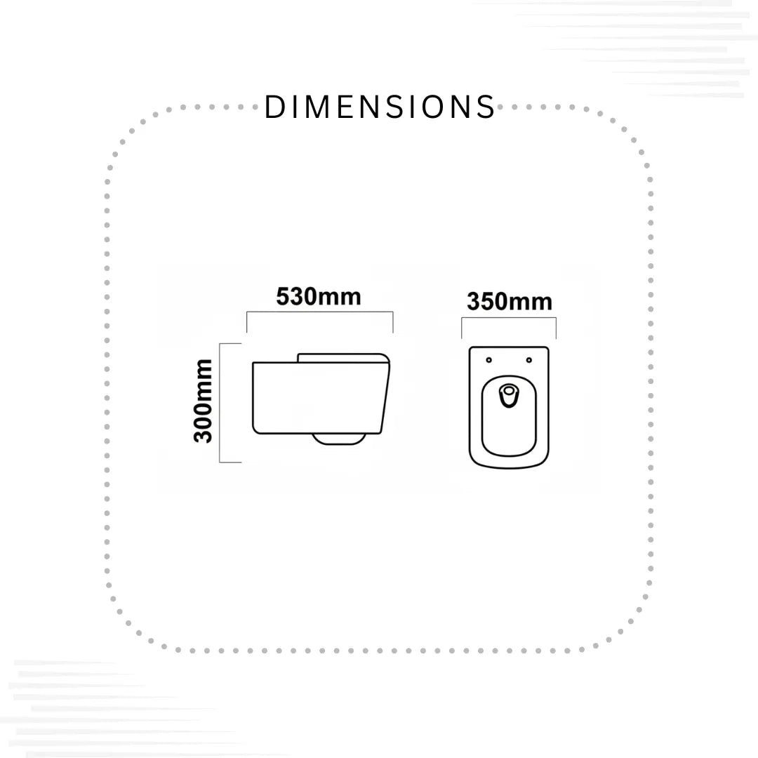 A dimension diagram showing two black line drawings with measurements: a 530mm by 300mm shape on the left and a 350mm height shape on the right, under the heading DIMENSIONS on a white background.