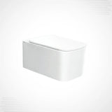 A modern wall-mounted toilet with a sleek, minimalist white design and a closed lid, shown against a clean white background with subtle diagonal line accents in the corners.