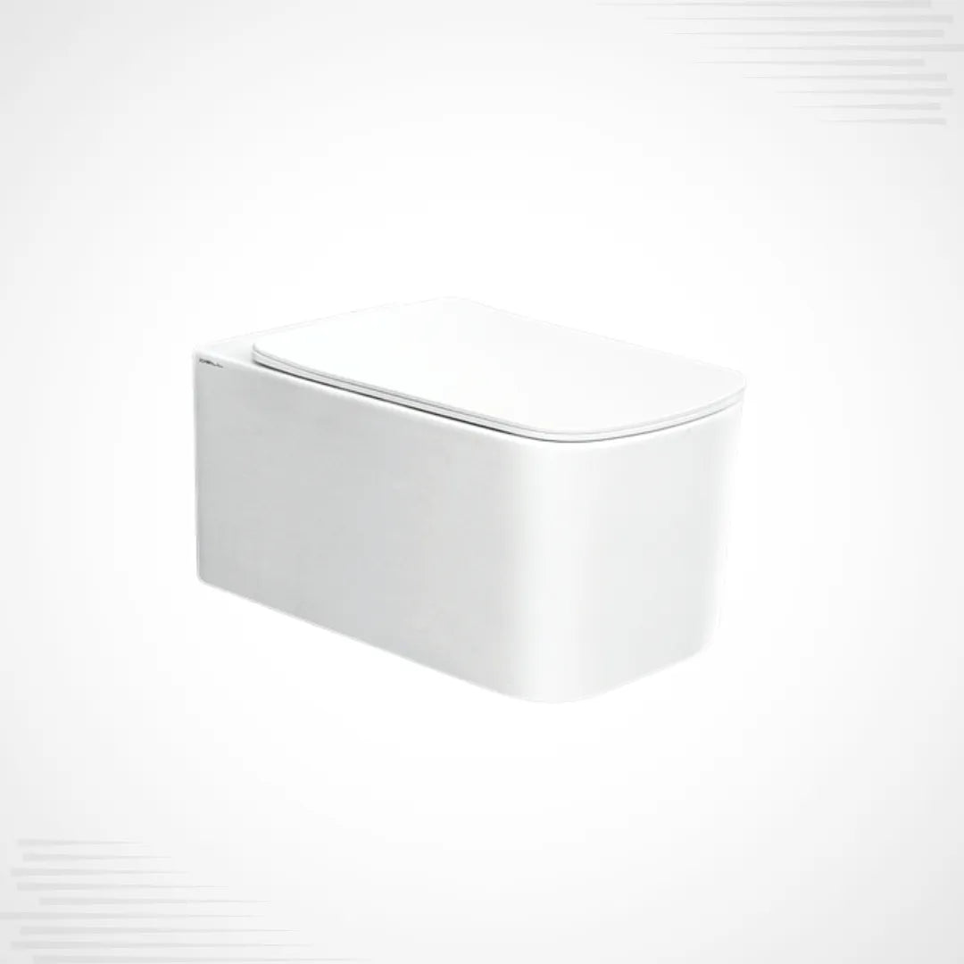 A modern wall-mounted toilet with a sleek, minimalist white design and a closed lid, shown against a clean white background with subtle diagonal line accents in the corners.
