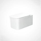 A modern wall-mounted toilet with a sleek, closed lid, shown in white against a light gray background.