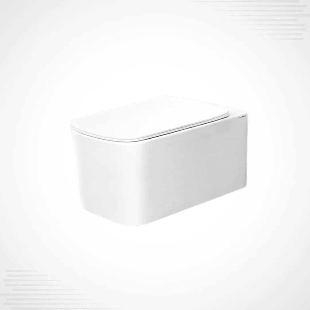 A modern wall-mounted toilet with a sleek, closed lid, shown in white against a light gray background.