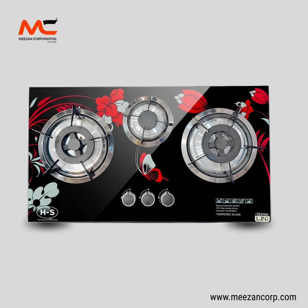H-S 3-Burner Black Tempered Glass Built-In Hob (Floral & Butterfly Edition)
