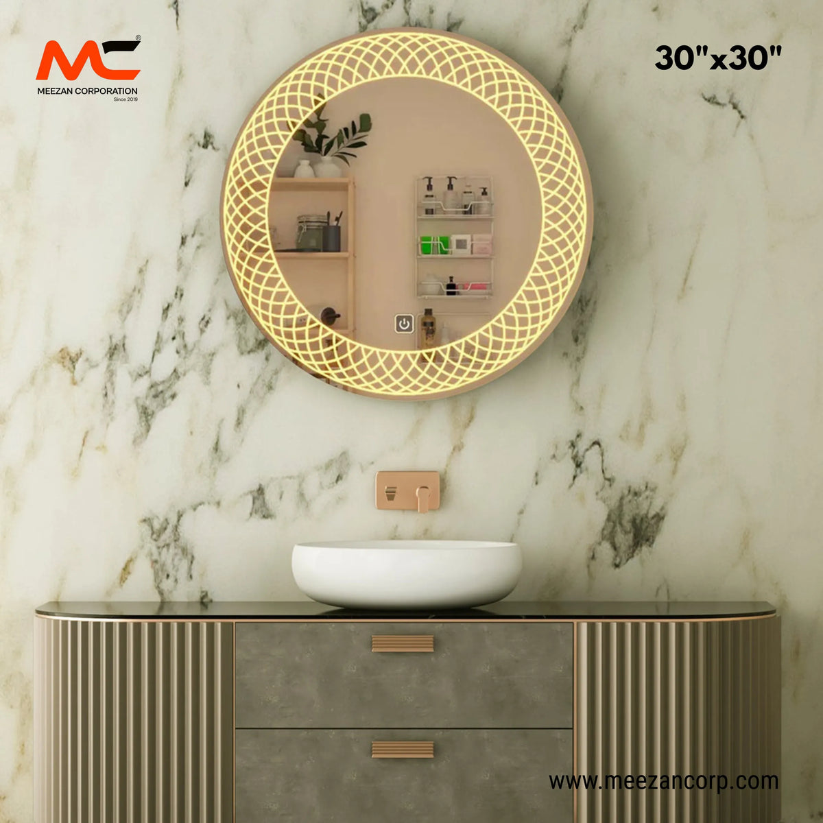 LED Mirror – Circular Guilloché Mesh Glow