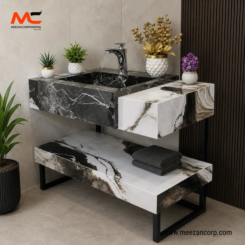 Tile Vanity – Black, White & Camel Marble