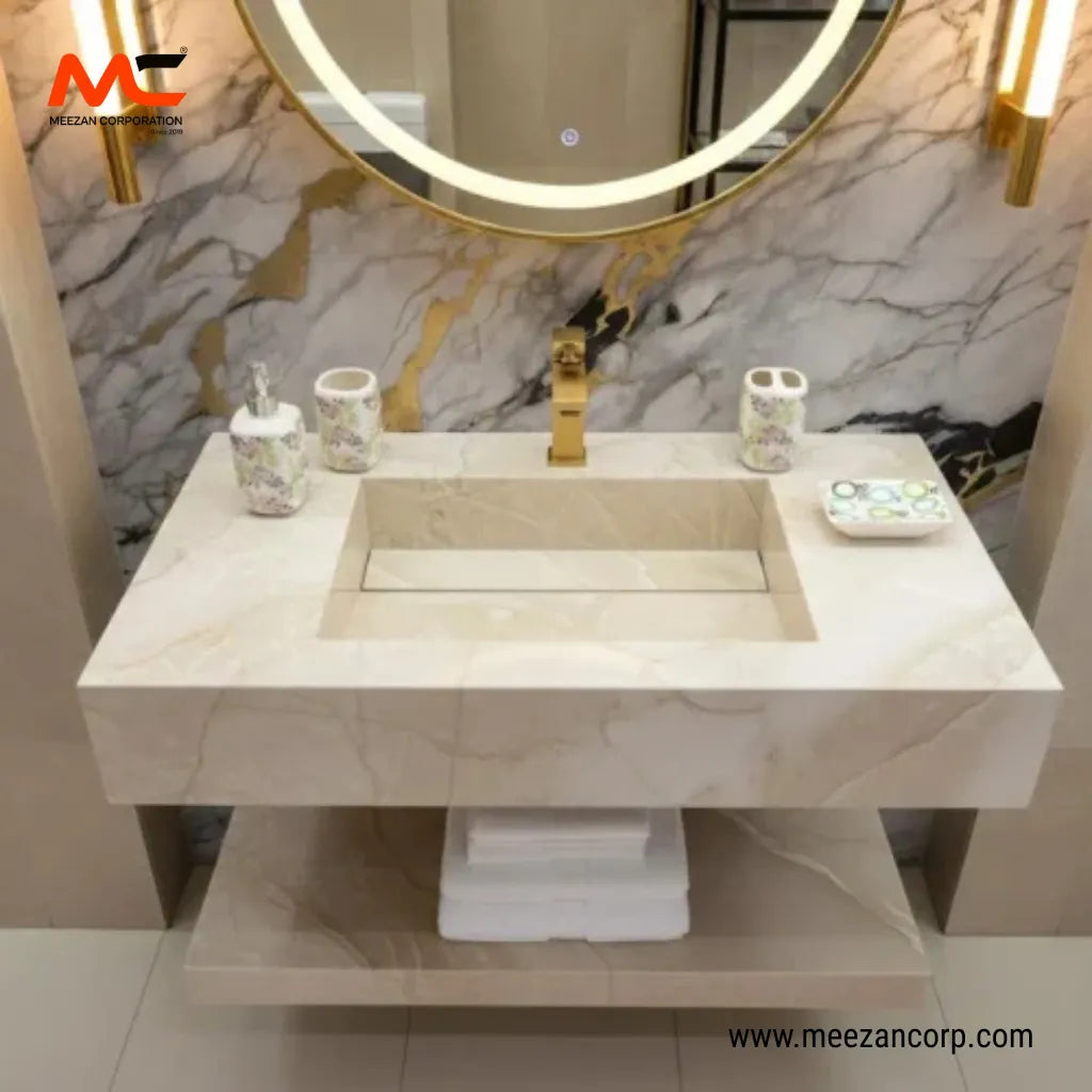 Tile Vanity Crema Marfil Beige and Champagne Gold