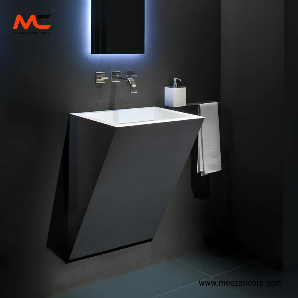 Tile Vanity Nero Basalt and Satin White Geometric Monolith