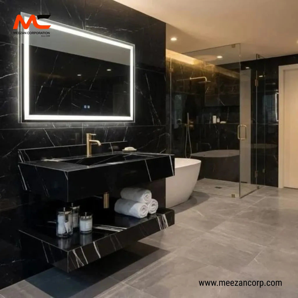 Tile Vanity Obsidian Black and Brushed Brass Gold