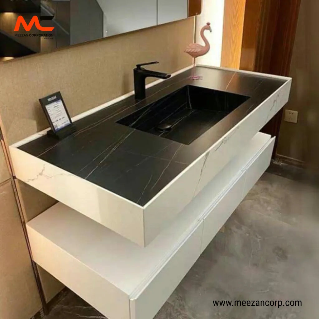 Tile Vanity Obsidian Marquina and Calacatta White