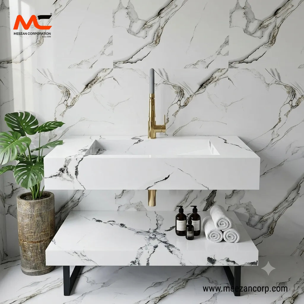 Tile Vanity – Stark White & Nero Marquina Veining