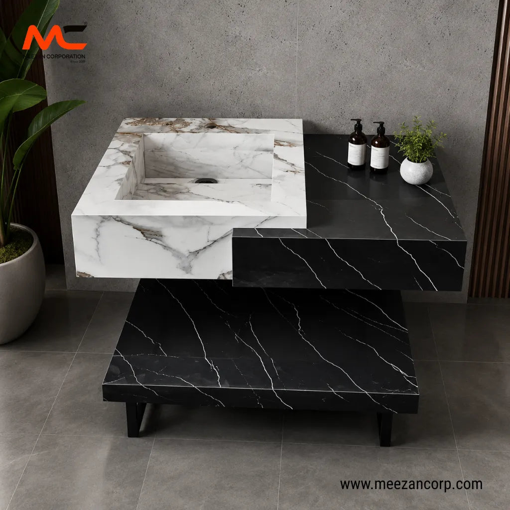 Tile Vanity – White & Black Marble