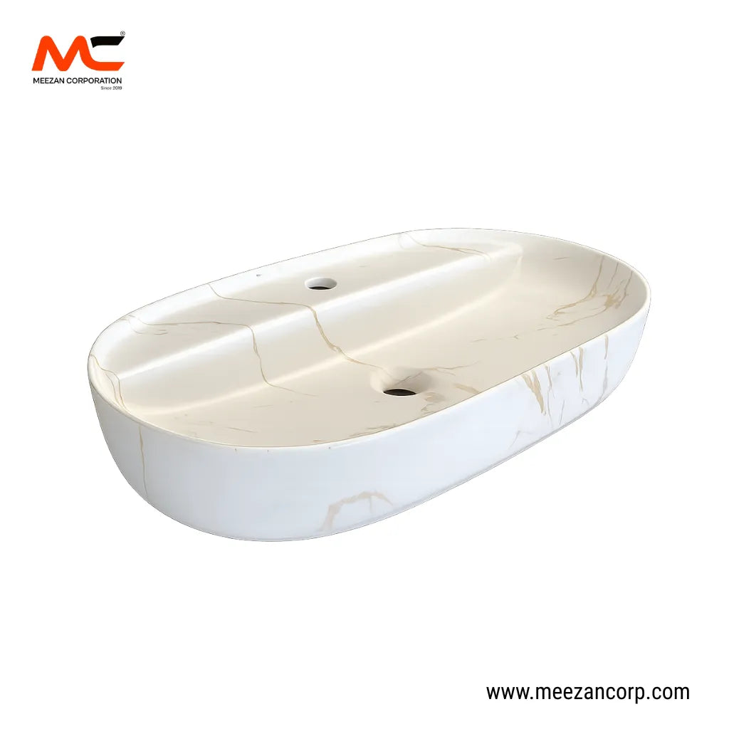 Vanity Art Bowl – Oval Luxury Calacatta Gold Marble-Pattern Ceramic