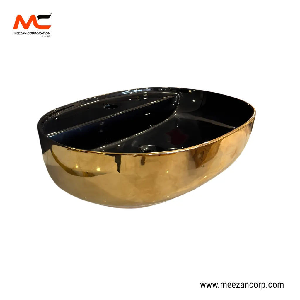 Vanity Art Bowl – Oval Luxury Full Gold & Gloss Black Ceramic