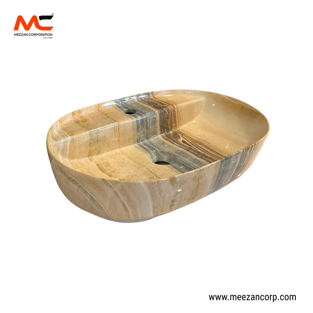 Vanity Art Bowl – Oval Luxury Multi-Tone Travertine Onyx-Pattern Ceramic