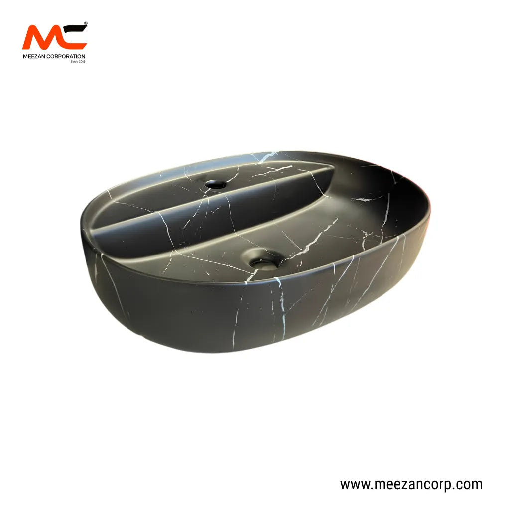 Vanity Art Bowl – Oval Luxury Nero Marquina Black Marble-Pattern Ceramic