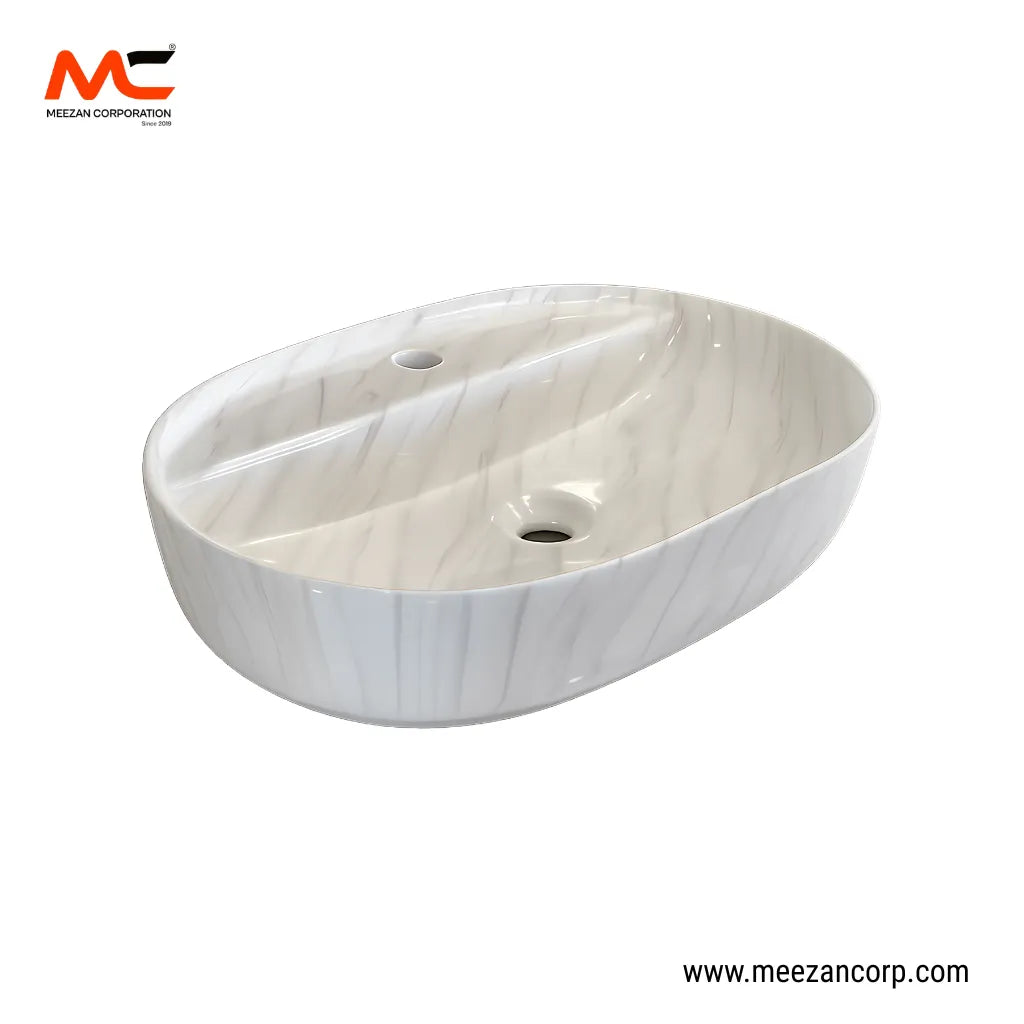 Vanity Art Bowl – Oval Luxury Statuario Soft Grey Marble-Pattern Ceramic