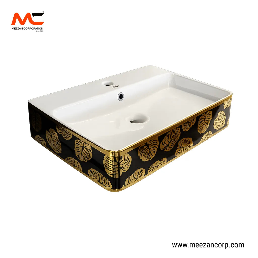 Vanity Art Bowl – Rectangular Gold Monstera Leaf Black & White Ceramic