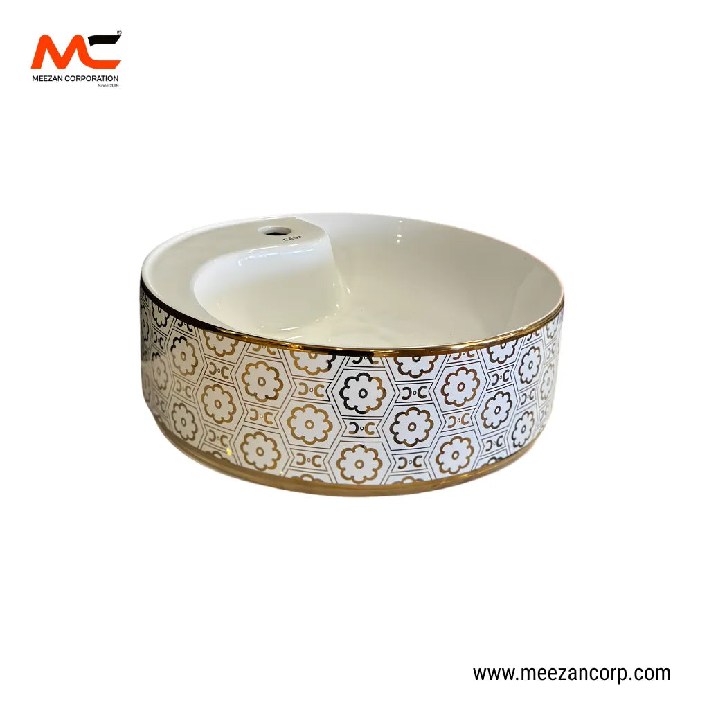 Vanity Art Bowl – Round Geometric Gold Floral White Ceramic