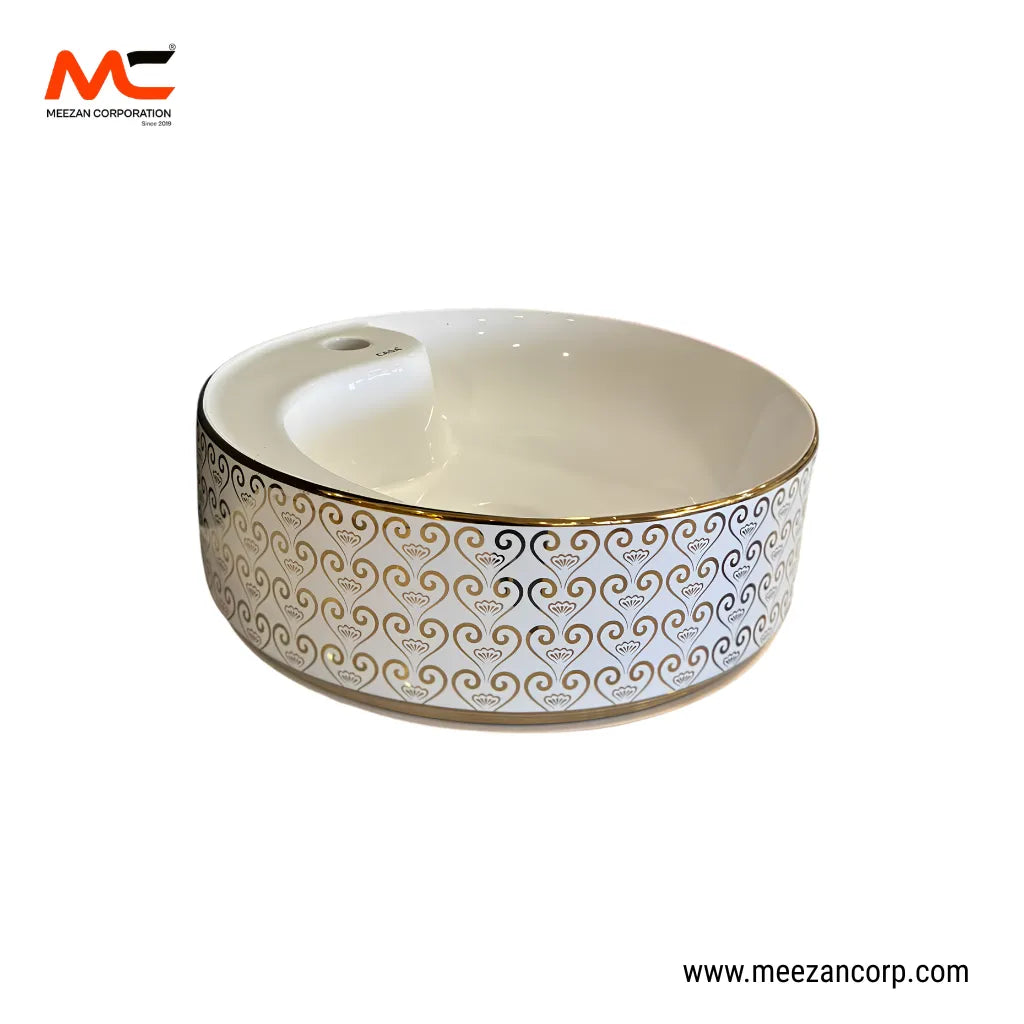 Vanity Art Bowl – Round Gold Damask White Ceramic