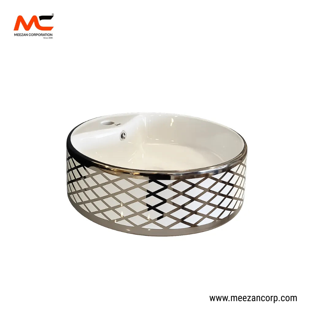 Vanity Art Bowl – Round Silver Lattice White Ceramic