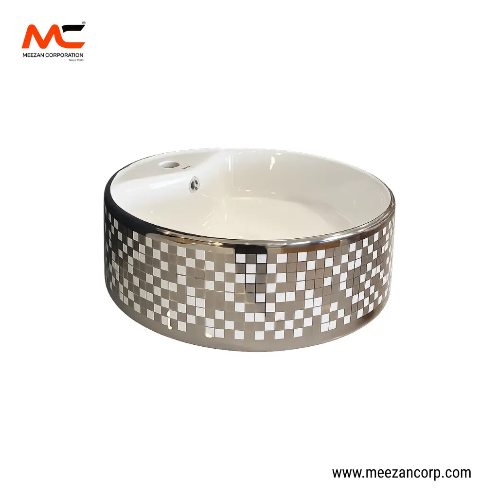 Vanity Art Bowl – Round Silver Mosaic Checkerboard White Ceramic