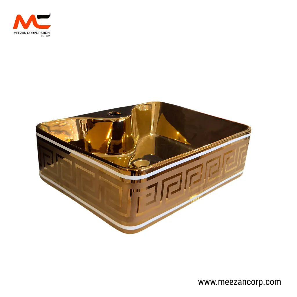 Vanity Art Bowl – Square Greek Key Full Gold Ceramic