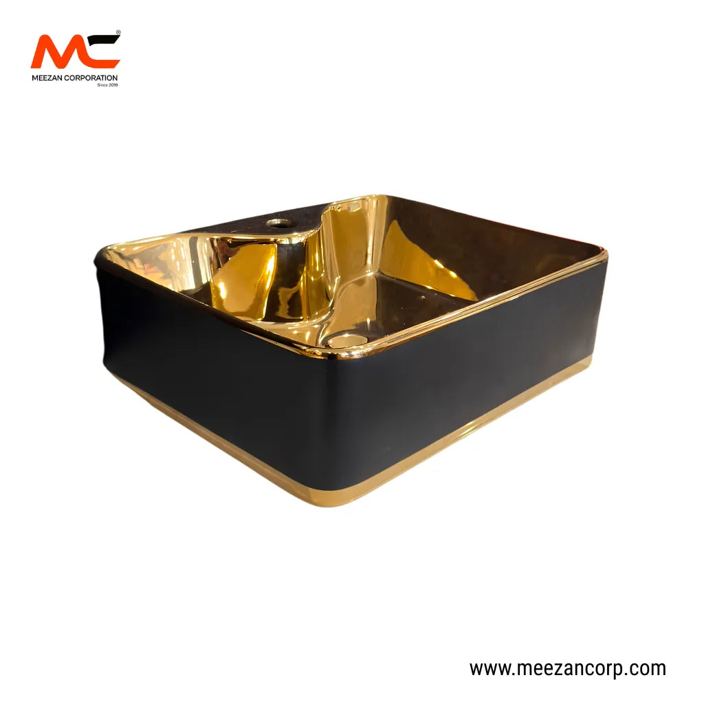Vanity Art Bowl – Square Matt Black & Full Gold Ceramic