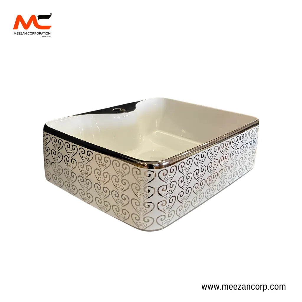 Vanity Art Bowl – Square Silver Damask White Ceramic