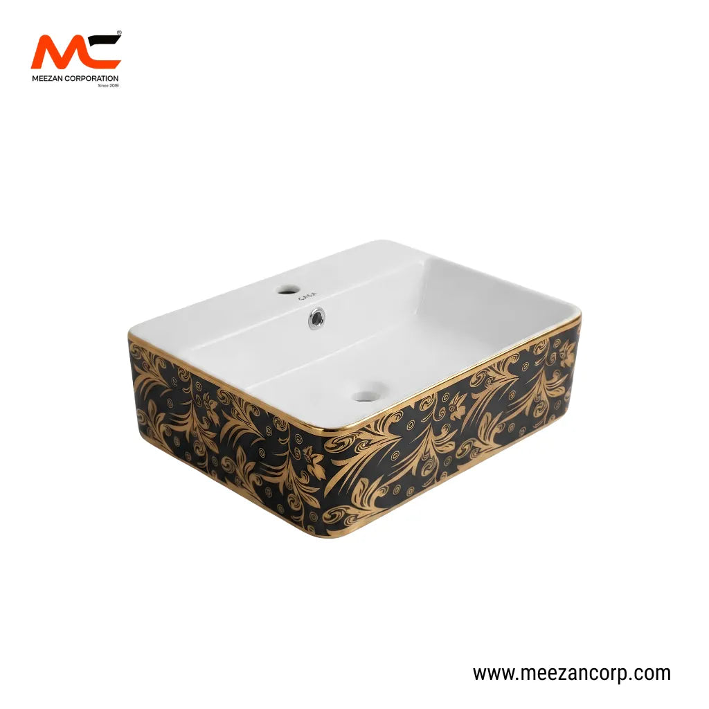 Vanity Art Bowl – Rectangular Luxury Black & Gold Floral-Filigree Ceramic