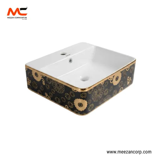 Vanity Art Bowl – Rectangular Luxury Black & Gold Floral-Medallion Ceramic