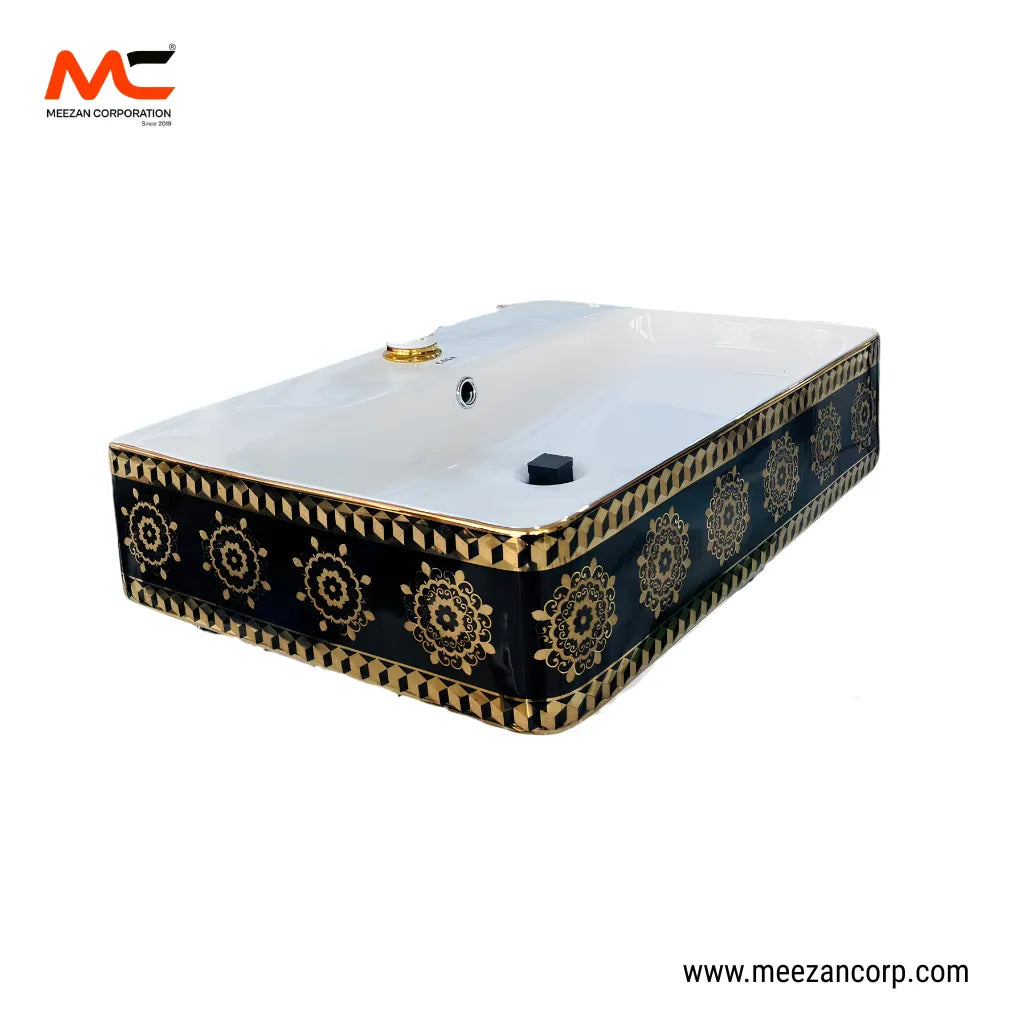 Vanity Art Bowl – Rectangular Luxury Black & Gold Ornate Mandala Ceramic