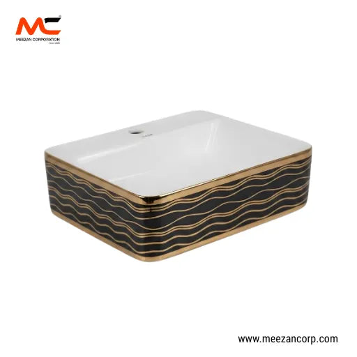 Vanity Art Bowl – Rectangular Luxury Black & Gold Wave-Pattern Ceramic