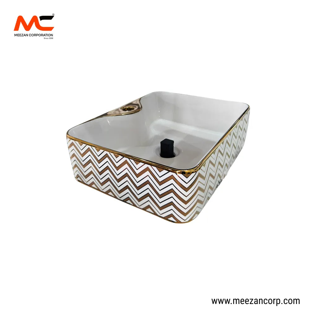 Vanity Art Bowl – Rectangular Luxury Gold Chevron-Pattern Ceramic