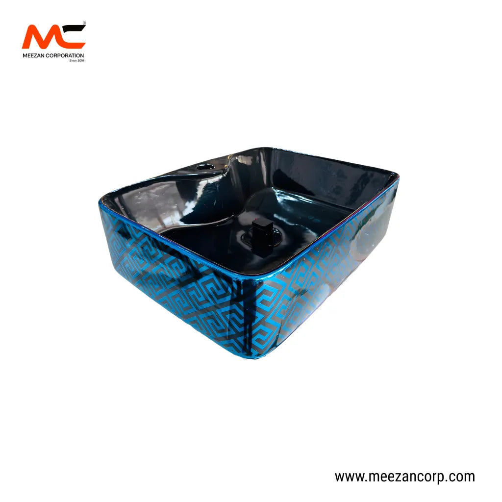 Vanity Art Bowl – Rectangular Luxury Metallic Blue Greek Key-Pattern Ceramic